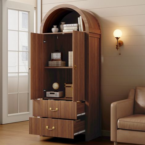 Buffet haut 180 cm, forme arche, bibliothèque avec LED, étagère, 2 portes cannelées et 2 tiroirs, meuble de rangement salon et bureau, couleur noyer (1/5)