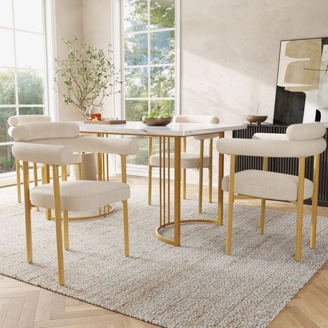 Set tavolo da pranzo e 4 sedie 140x80x75 cm, gambe in metallo, sedie in velluto, stile moderno, beige e oro (1/5)