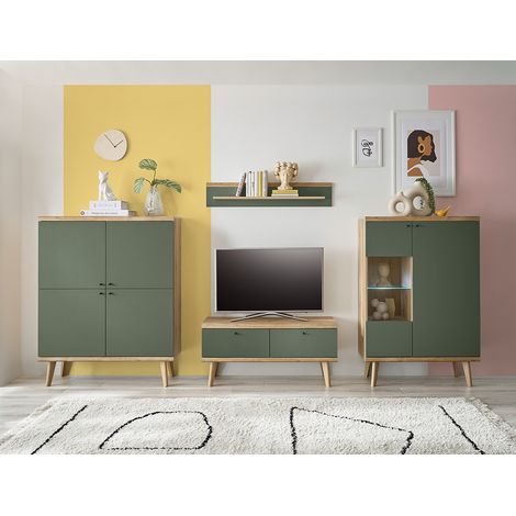Anbauwand in Eiche mit grün AVEZZANO-61 Modern 4-teilig, inkl. Beleuchtung (1/5)