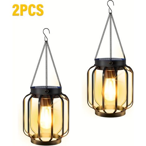 Lot de 2 lanternes solaires suspendues pour l'extérieur, lampe de table extérieure, bande lumineuse solaire en métal avec crochets, lanterne décorative lumineuse et chaleureuse pour terrasses et patio (1/5)