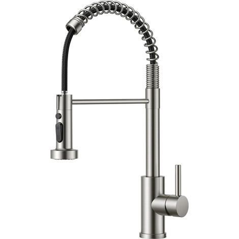 Robinet Cuisine, Mitigeur Cuisine Avec Douchette Pivotant à 360° d'Évier à Arc Élevé Pulvérisateur Escamotable 2 Modes, Acier Inoxydable (1/5)