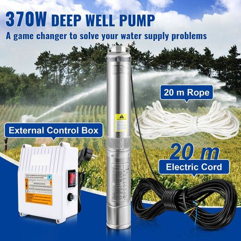 Pompe submersible puits profond 370W 230V/50Hz 110L/min 44m, acier inox 10.2cm, cable 20m et boitier controle externe, IP68 pour industrie arrosage maison (1/5)