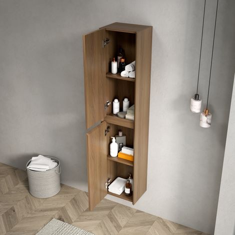 Mobile bagno pensile moderno in compensato color rovere, 2 ante, ripiani interni regolabili, h 140 cm (1/5)