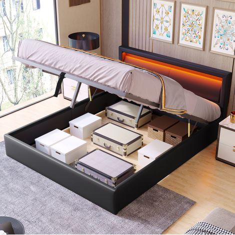 Letto Contenitore 140x190 cm con Rete a Doghe Rialzabile in Similpelle Nera (1/5)