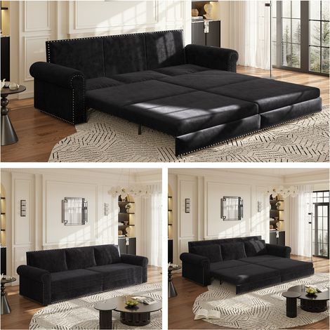 3-Sitzer-Schlafsofa 238 x 90 x 98 cm aus schwarzem Samt, 3-in-1 – MEUBLIV (1/5)