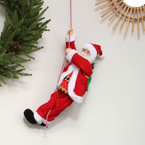 Papá Noel de 60 cm que canta y trepa con cuerda de regalo, función de sonido, para interiores, rojo. (1/5)