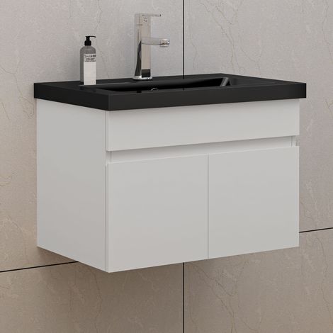 60cm Badmöbel Set mit Waschbecken Schwarz Mineralguss Waschtisch mit Unterschrank Gäste WC Weiß Matt (1/5)