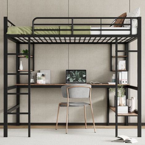 Lit mezzanine - KOMHTOM - 140x200 - Bureau intégré - 4 étagères + grande bibliothèque - Métal noir (1/5)