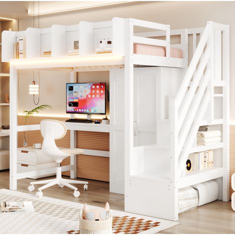 Cama alta 90x200 cm blanca de madera con escritorio, armario y escalera con almacenaje (1/5)