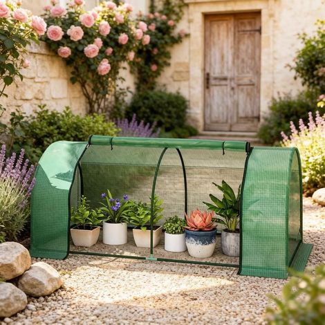Mini serra tunnel 200 x 100 x 80 cm con porta avvolgibile, acciaio e PE verde scuro (1/5)