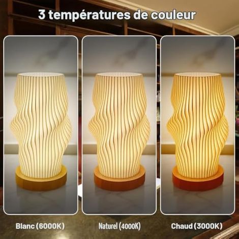 Lampe de Chevet avec Base en Bois, Lampe de Table de Chambre à Coucher 3 Couleurs avec Commande par Bouton, Veilleuse à Intensité Variable sur 10 Niveaux avec Abat-jour en PLA Imprimé en 3D (1/4)