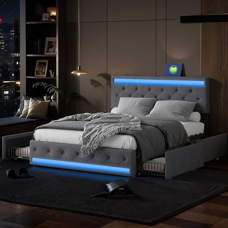 Lit double 140 x 190 cm avec éclairage LED – 4 tiroirs de rangement – Tête de lit rembourrée réglable – Sommier à lattes – Tissu en lin gris foncé (1/5)