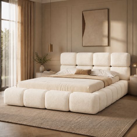 Cama doble 180 x 200 cm en bouclé blanco con somier y cabecero acolchado OKMYHOME (1/5)