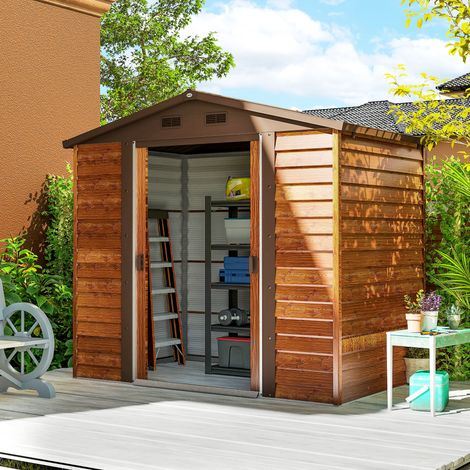Cabanon de jardin - 152 x 235,7 x 208,7 cm - aspect bois - étanche - abri à outils - abri de jardin avec fenêtre - acier - marron - Moderne
