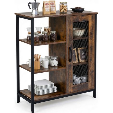 Buffet de Rangement avec Placard à Porte en Maille, Étagères Réglables, Cadre en Métal, Kits Anti-basculement, pour Salon, Cuisine, 70x30x81 cm, Brun