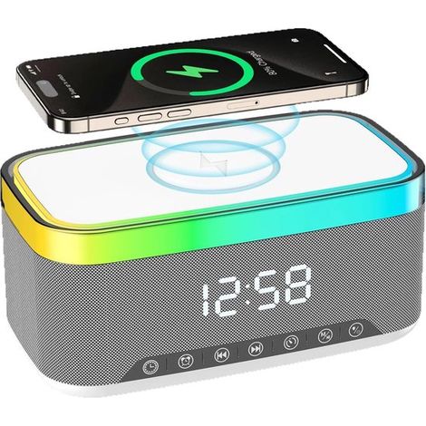 Reloj despertador digital, radio reloj, digital con altavoz Bluetooth, 6 colores, 15 W, cargador inalámbrico compatible con iPhone y Samsung (1/4)