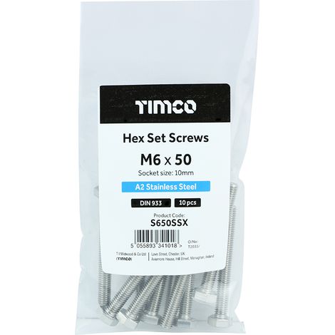 TIMCO Set Screws DIN933 A2 Stainless Steel - M6 x 50