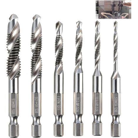 Set 6 Pièces Forets Taraudeurs Combinés, 2-en-1 M3 M4 M5 M6 M8 M10, Foret-Taraud Rapide avec Revêtement Anti-Rouille, Hexagonal pour Métal, Bois et Plastique, Usage Atelier et DIY (1/5)