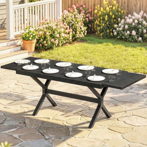 Ausziehbarer Gartentisch 154/214 cm für 8-10 Personen, Aluminium und Stahl mit grauer Tischplatte in Holzoptik