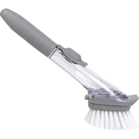 Cepillo para platos con dispensador de jabón integrado, multifuncional, mango largo y accionamiento hidráulico, ideal para el hogar y la cocina.