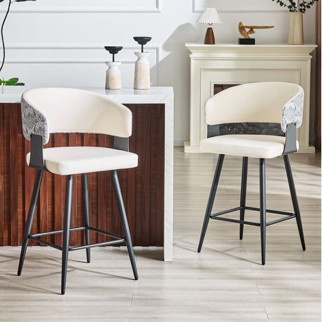 Taburete de bar con respaldo curvado, asiento de PU y estructura de metal, blanco (1/5)