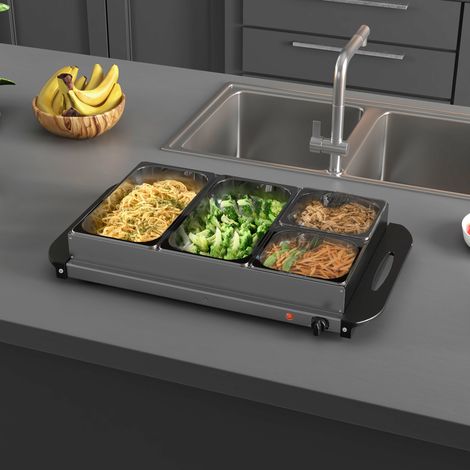 Scaldavivande elettrico in acciaio inox, 300W, capacità 2 x 2,4L e 2 x 1L, piastra riscaldante e temperatura regolabile.