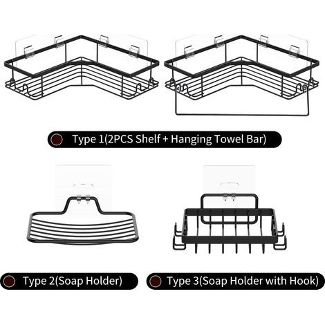 Étagère d'angle de salle de bain, 2 pièces, sans perçage, support de rangement mural, armoires avec porte-serviettes, baignoire, douche, panier organisateur (1/5)