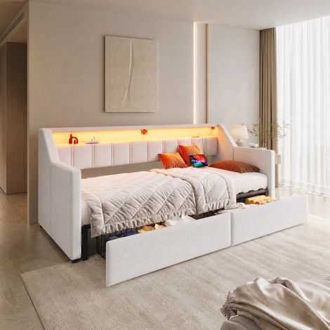 Letto giorno multifunzione 90 x 200 cm con USB, Type-C, LED, 2 cassetti e vani DESVIAE (1/5)