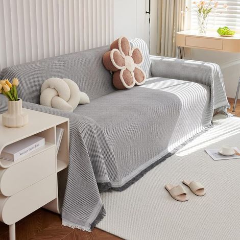 Große Waffelpiqué-Tagesdecke, Sofaüberwurf, waschbare Sofadecke mit zarten Fransen, 180 x 130 cm – Grau (1/5)