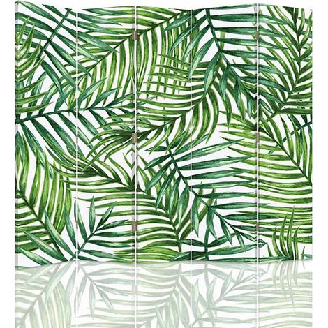 Paravent Design Feuillage Tropical Élégant 5 Panneaux - 180 x 180 cm - 1 face déco, 1 face noir