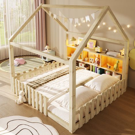 Lit cabane enfant 140x190 cm - avec barrières de sécurité - avec LED - compartiments de rangement ouverts - naturel (sans matelas)