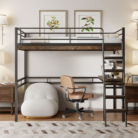 Tanant – Lit mezzanine 90x200cm avec bureau et étagères – Barrière de sécurité – Structure en fer – Idéal pour enfants – Noir (1/5)