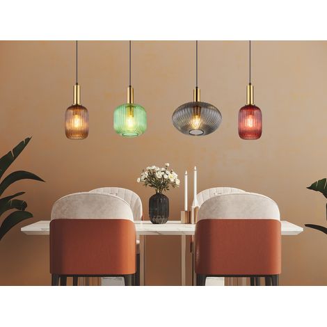 LED Pendelleuchte aus Rillenglas bunt mit 4 Glasschirmen, Breite 115cm (1/5)