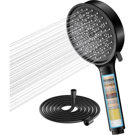 Filtre Pommeau de douche Anti Calcaire avec 20 Étapes Filtre et avec Tuyau 1,5M, 6 Types de Jets Pommeau Économie Deau Haute Pression (Noire) (1/5)