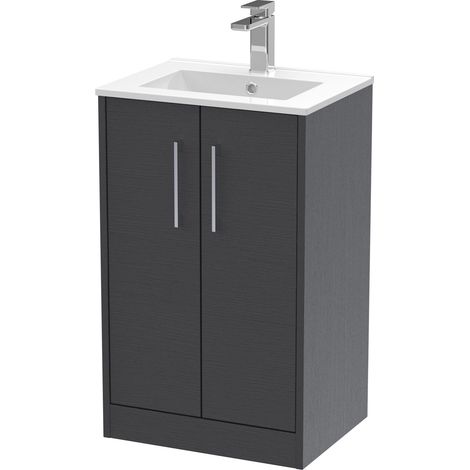 Winshill Contemporary 2 Door Floor Standing Vanity Unit with Minimalist Basin, Woodgrain Dark Grey, 500mm