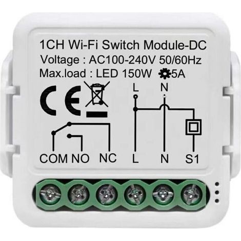 Tuya app contact sec module de commutation de relais wifi, 1 canal DC 12 / 24V AC 100-240V, fonctionne avec Alexa Google Home