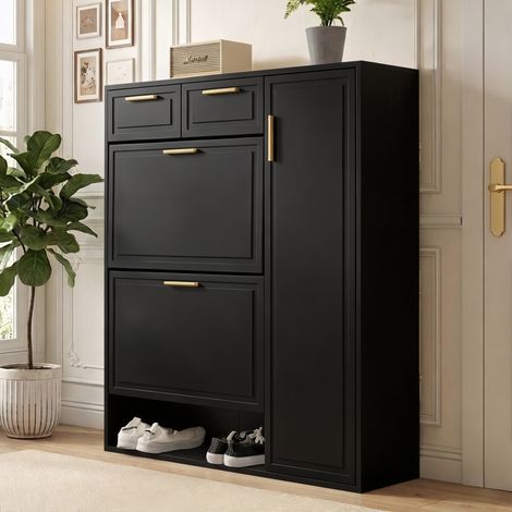 Mueble zapatero negro 95 x 24 x 107,5 cm con cajones y estantes regulables (1/5)