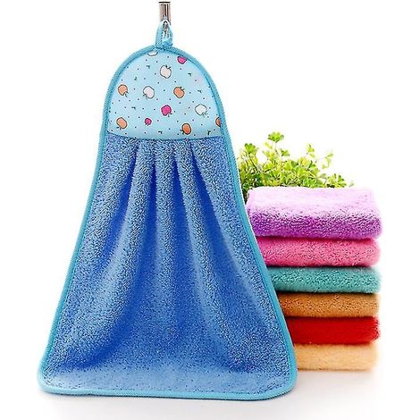 Ensemble de 3 serviettes de toilette en velours corail avec boucle de suspension pour salle de bain et cuisine, bleu (1/5)