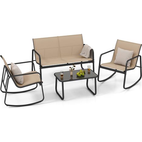 COSTWAY Set da Giardino 4 Pezzi in Tessuto Textilene, Set da Bistrò da Patio, Set tavolo e sedie con Tavolino in Vetro, 2 Sedie e Divanetto a Dondolo, per Giardino Coltile (Marrone) (1/5)