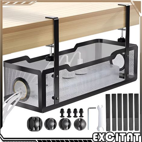 Organizzatore di cavi sotto il tavolo, senza forature, 35 cm, resistente alla ruggine, facile da installare, con accessori, in metallo robusto, per ufficio domestico, nero (1/5)
