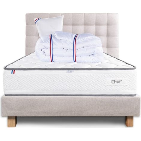 Ensemble Complet Matelas Iris (20 cm) ferme,Sommier beige (20cm) , Tête de lit,Oreiller et Couette, 90x190cm (1/5)