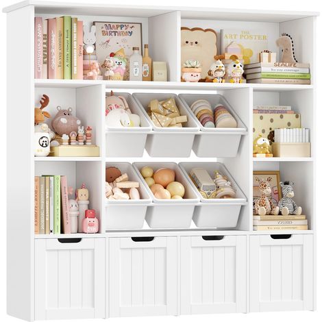 Mueble de almacenamiento de juguetes infantiles, 7 compartimentos abiertos, 4 cajones con ruedas, blanco. (1/2)