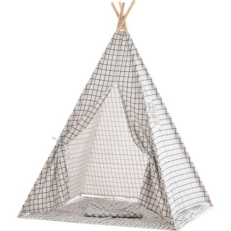 Tienda tipi para niños con lona damero gris y postes de madera APE10003