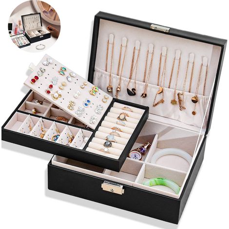Boîte à bijoux organisateur en cuir PU pour femmes, grand étui à 2 couches avec plateau amovible pour colliers et bracelets