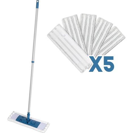 Un Lot de 1 Balai Téléscopique Professionnel et 5 Serpillères Microfibres Grattantes, 40 x 14 cm. pour Laver, Nettoyer et eponger Tous Types de Sols.