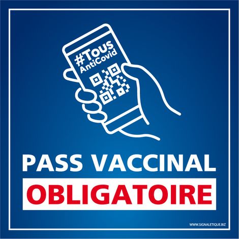 Panneau Pass Vaccinal Obligatoire Rectangulaire Bleu avec pictogramme code QR. Autocollant Pass Vaccinal, panneau PVC, Aluminium - Adhésif - 125 x 125 mm (1/3)