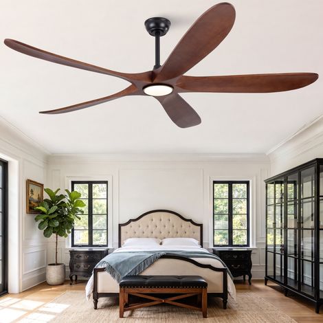 Ventilateur de plafond de 178 cm avec éclairage, ultra-plat, cinq pales en bois massif couleur noyer foncé, 3CCT, intensité variable, six vitesses, circulation d'air silencieuse pour chambre/salle à m (1/5)
