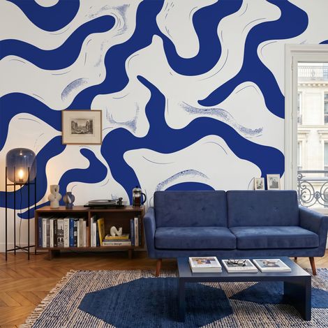 Papier peint panoramique - Méandre bleu et blanc - intissé : 150g/m² - 7 lés : 336x270cm (1/5)