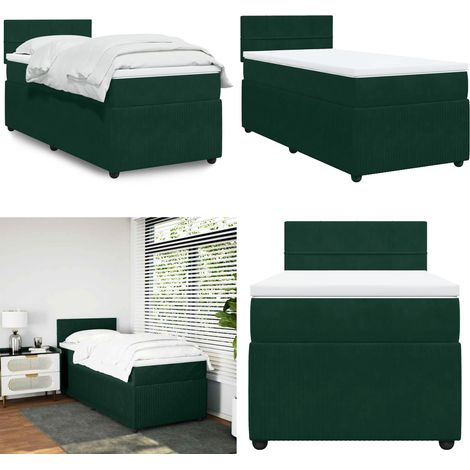Cama box spring con colchón terciopelo verde oscuro 90x190 cm - Colchón de muelles ensacados - Cama de muelles