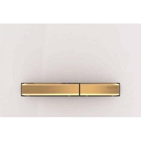 Plaque de commande double compatible Geberit Sigma50, carrée, laiton métallique : plaque de base et bouton : laiton, plaque de recouvrement : blanche (115.788.11.G) (1/4)